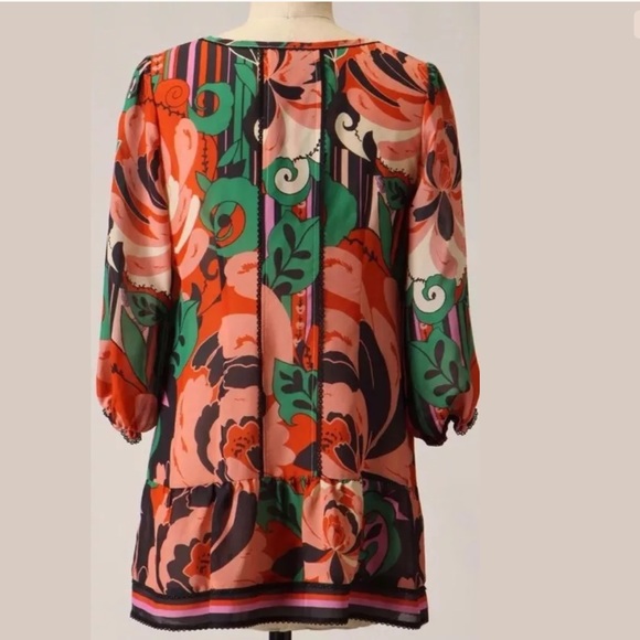 Anthro ODILLE Minted Melon Silk Blouse Lace Trim Colorful Top Shirt Pink Green - Picture 7 of 8